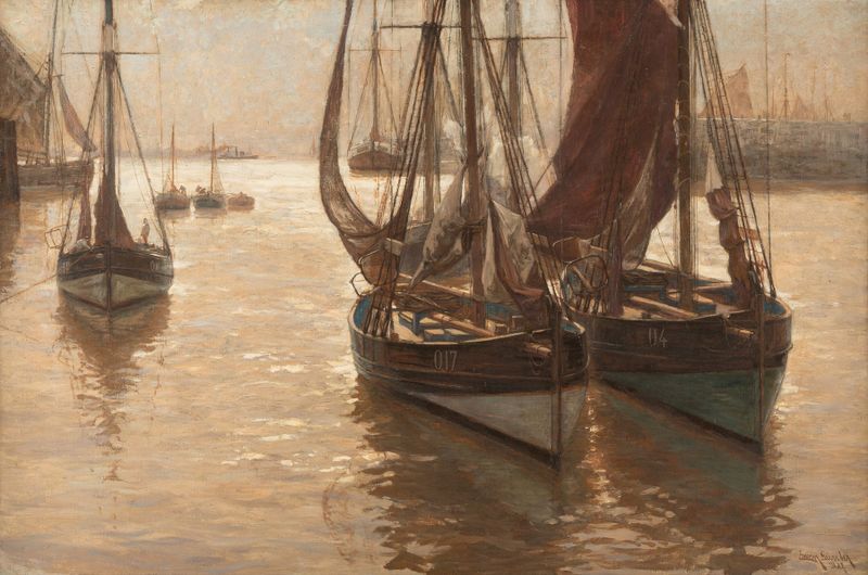 Boats in the harbour by Erwin Carl Wilhelm Günther, oil on canvas