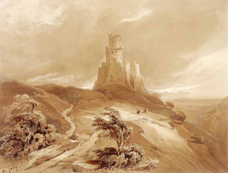 Ruins of a Château de Tournoel by Alexis-Victor Joly, oil painting depicting crumbling stone architecture.