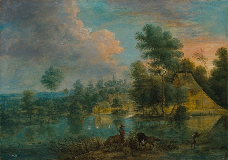 A river landscape with travellers, oil on canvas by Lucas van Uden