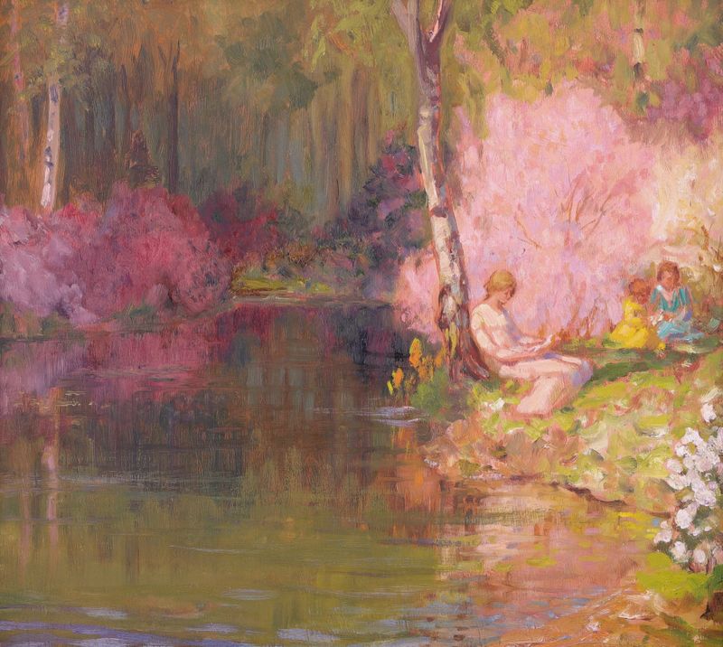 Oil painting by Arthur John Black depicting reclining figures under trees
