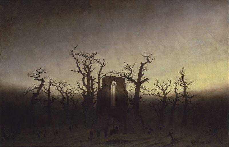The Abbey in the Oakwood by Caspar David Friedrich, oil painting depicting ruins and oak trees in fog