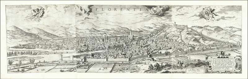 Paisaje de Florencia de Hieronymus Cock, que representa colinas toscanas en pintura al óleo