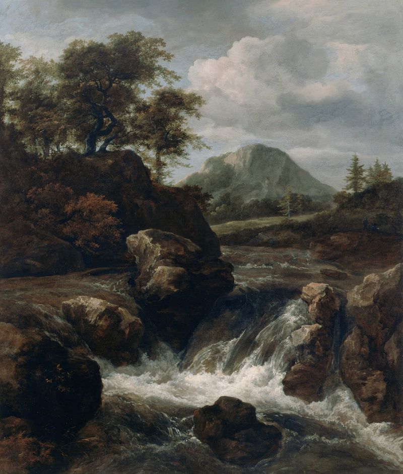 A Waterfall de Jacob van Ruisdael, pintura a óleo que retrata uma cascata sobre penhascos.