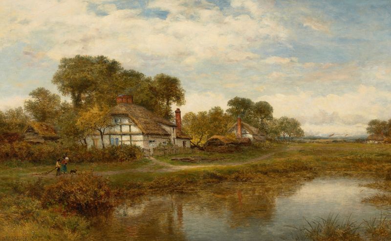 Worcester Cottages by Benjamin Williams Leader, oil painting depicting cottages and greenery