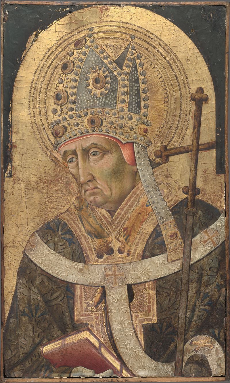 Saint Augustine by Giovanni di Paolo, gold medium, featuring a serene figure in flowing robes illuminated by light.