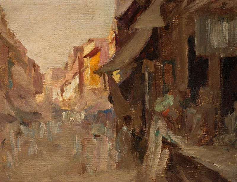 Escena de género de un mercado callejero al atardecer, óleo sobre lienzo de Jan Ciągliński
