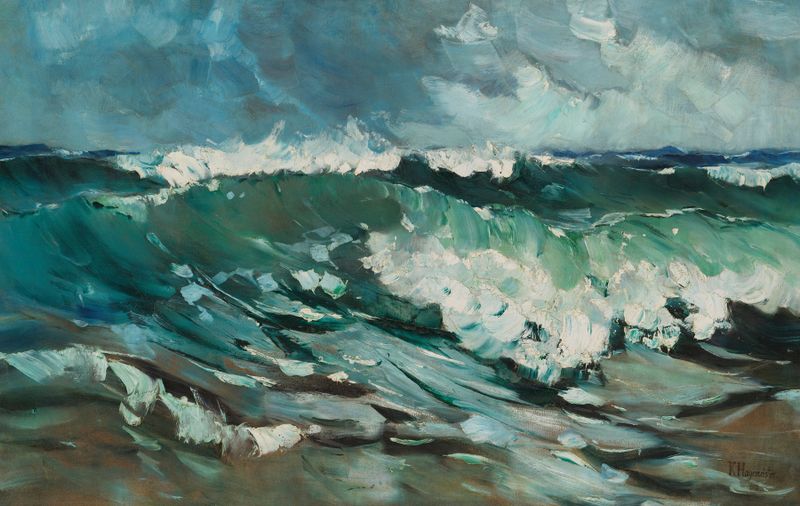 Woge de Karl Hagemeister, óleo sobre lienzo que representa suaves olas y una costa tranquila.