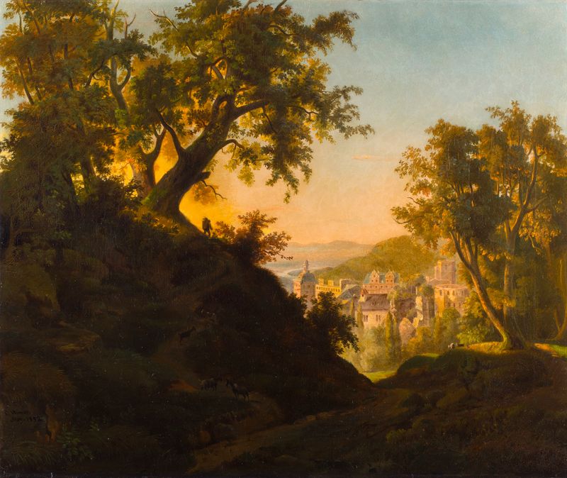 The Castle of Heidelberg, oil painting by Charles Ferdinand Wimar, depicting a castle at sunset beside a river.
