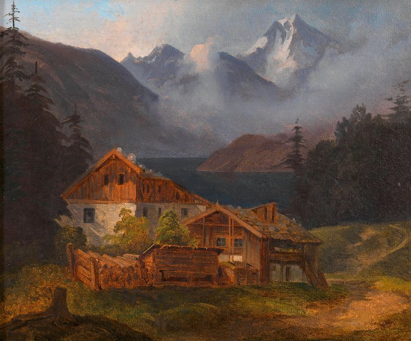 Bauerngehöft an einem Bergsee, oil on canvas by Adalbert Stifter, depicting a tranquil lake and mountains.