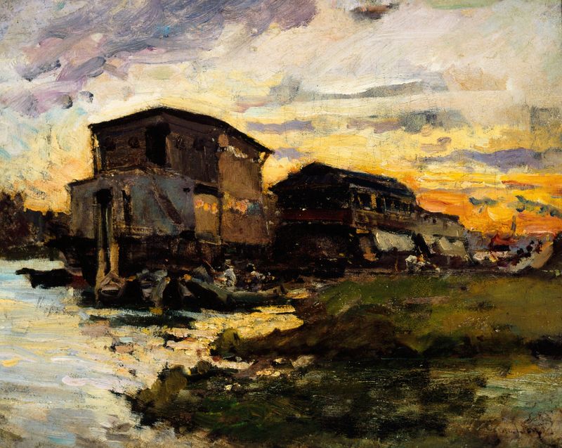 Bateau-lavoir sur la Seine, oil on canvas by Emile Antoine Guillier