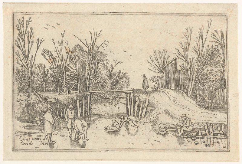 Schaatsers voor een houten brug, gravura de Unknown Artist mostrando patinadores em um rio congelado sob uma ponte de made...
