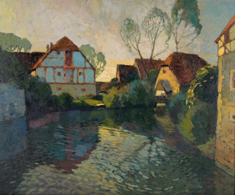 Dämmerung in einem Dorf by Alfred Poell, oil on canvas depicting a village at dusk.