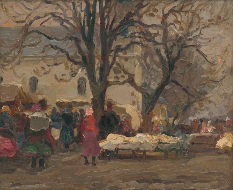 Cena de gênero representando um mercado com cores vibrantes, óleo sobre tela de Jozef Teodor Mousson