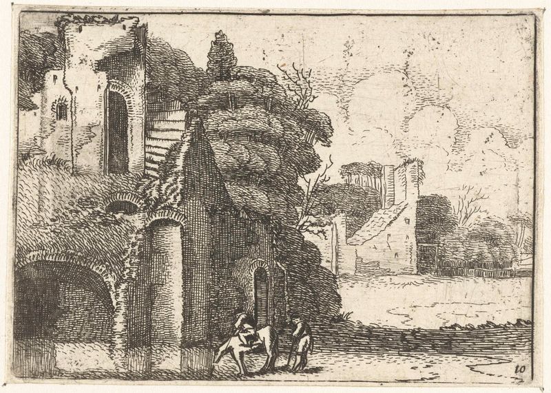 Etching by Jan van de Velde II depicting a horse near ruins