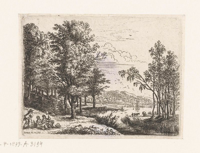 Landschap met drie figuren bij een meer, etching by Lucas van Uden depicting figures by a lake at dusk.