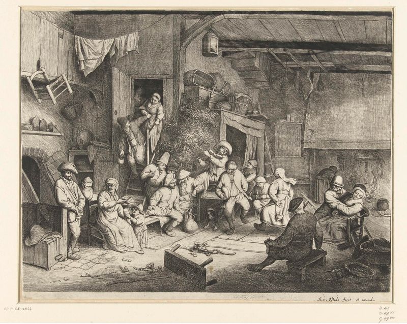 Grabado de Adriaen van Ostade que muestra figuras bailando en una taberna