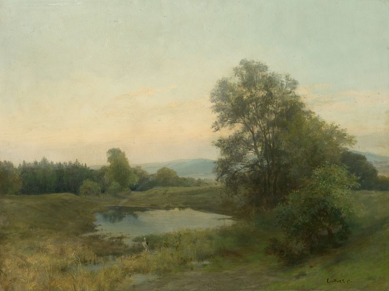 Paisaje con un pantano de Ľudovít Čordák, pintura al óleo que muestra una escena serena de pantano.