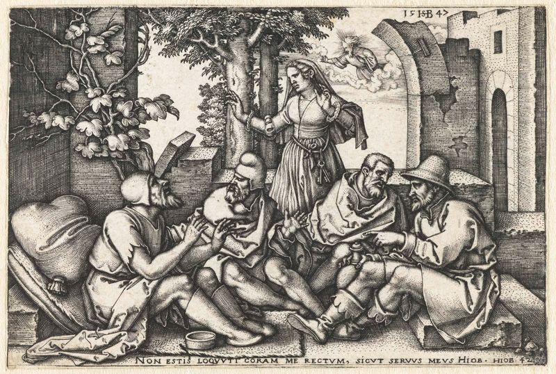 Grabado de Hans Sebald Beham que representa a Job conversando con amigos, 1547