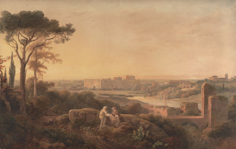 Las Termas de Caracalla de Andrew Wilson, pintura al óleo que muestra ruinas antiguas en luz dorada.