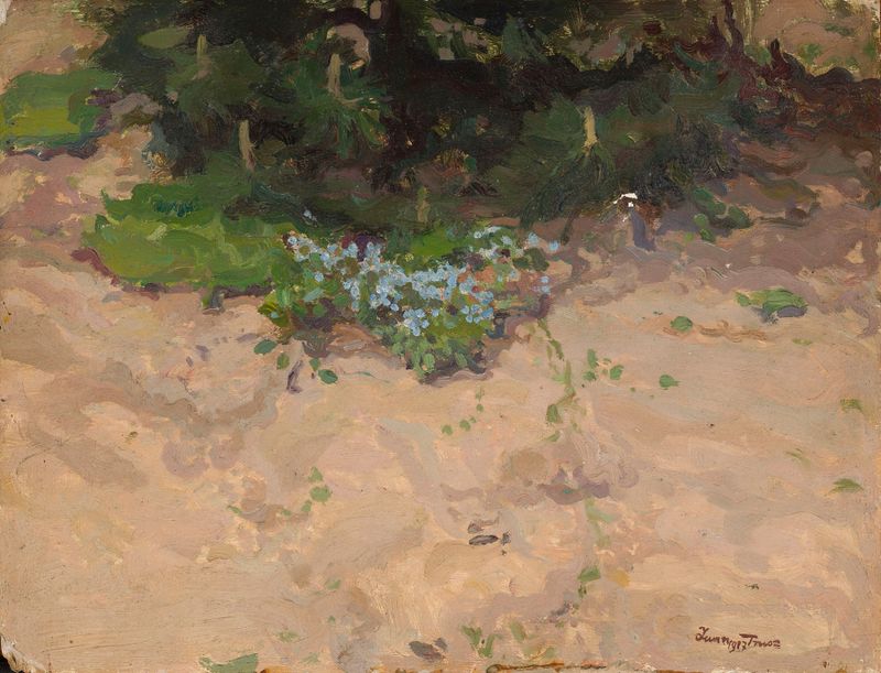 Forget-me-nots oil painting by Iwan Trusz, featuring delicate blue flowers and lush greenery.