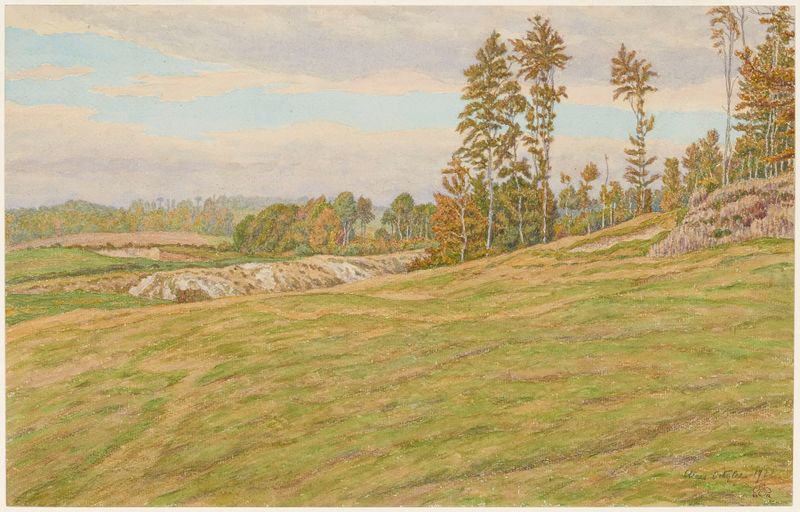 Aquarela sobre papel de Henri Rivière com árvores contra um céu degradê.