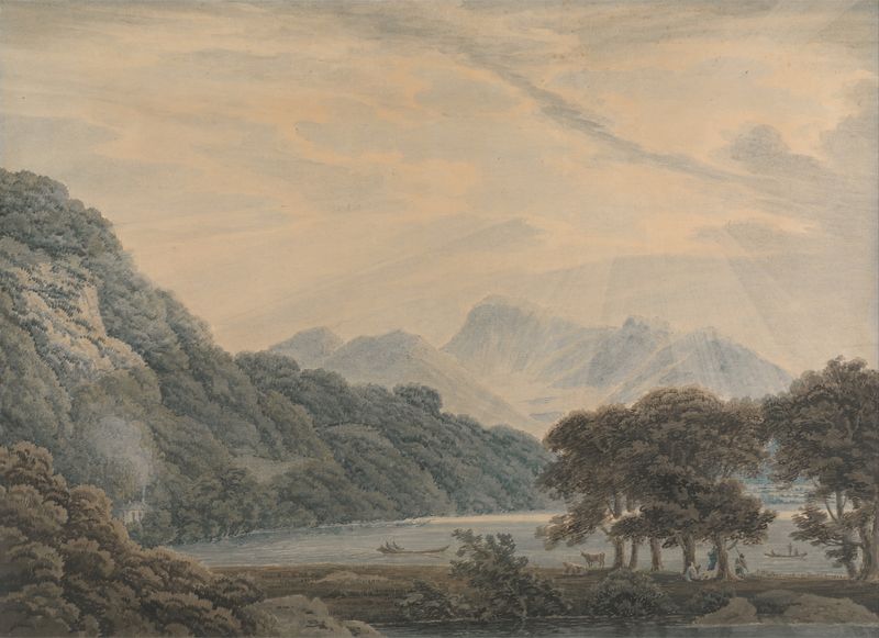 Landscape of Ullswater with hills and lodge, oil painting by Thomas Sunderland