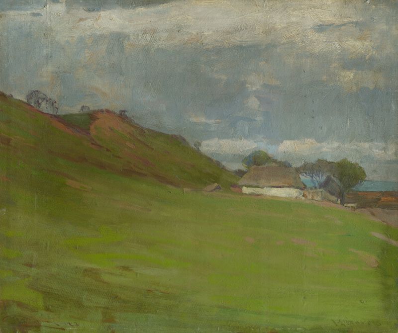 Hradište vo Vaľkovciach de Ľudovít Čordák, óleo sobre lienzo que representa un paisaje melancólico.