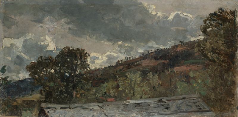 Landschaftsstudie de Carl Hoff, retratando uma paisagem serena com verdes suaves e nuvens.