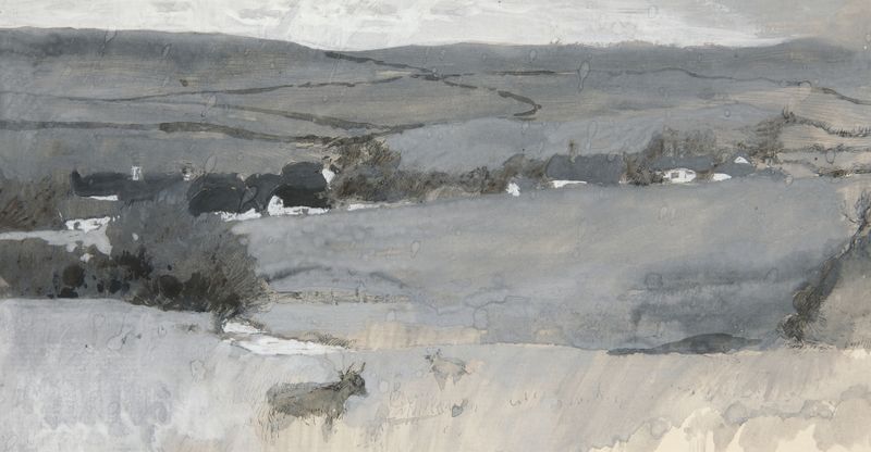 Paisagem com vaca em primeiro plano, pintura a óleo de Edwin Austin Abbey