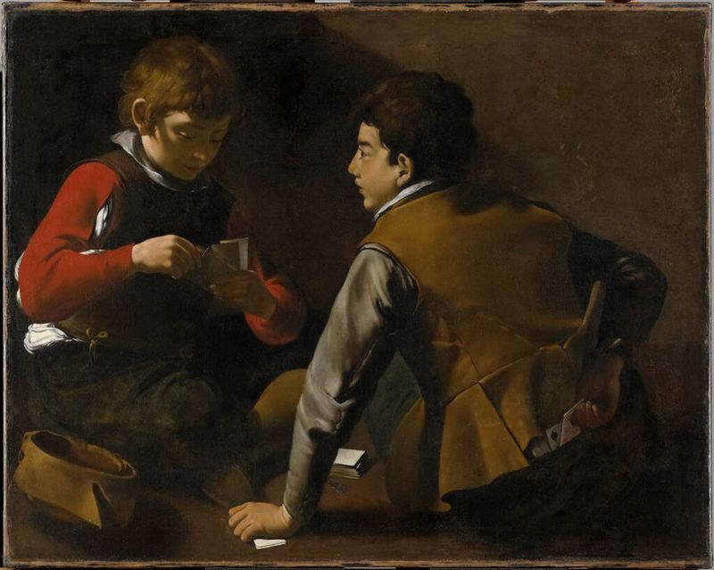 The Card Players, oil on canvas by Michelangelo Merisi da Caravaggio, depicting players around a table with cards.