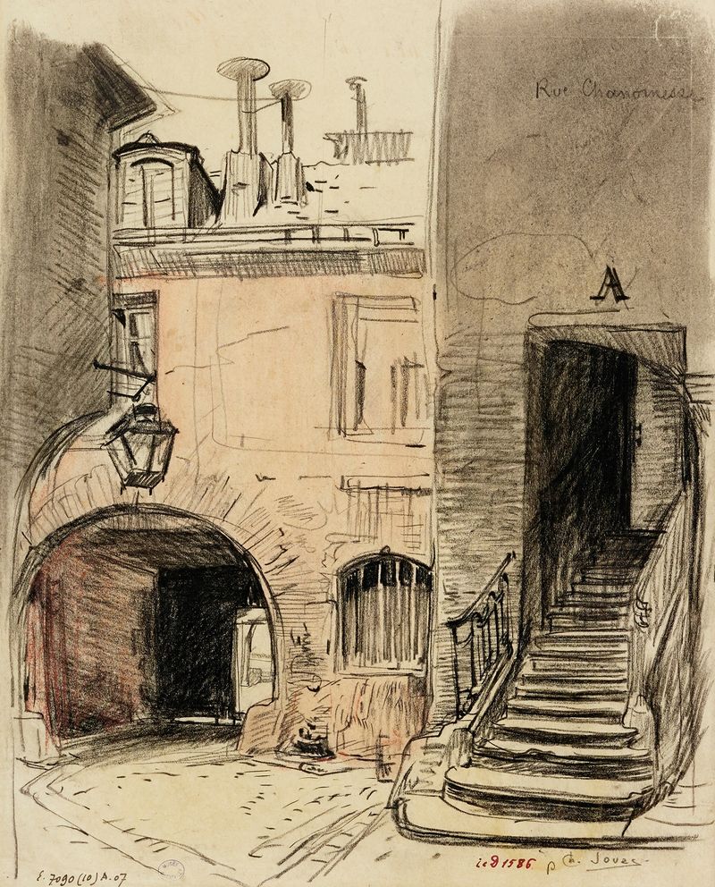 Watercolour by Charles Jouas depicting a staircase and courtyard with light and shadow.
