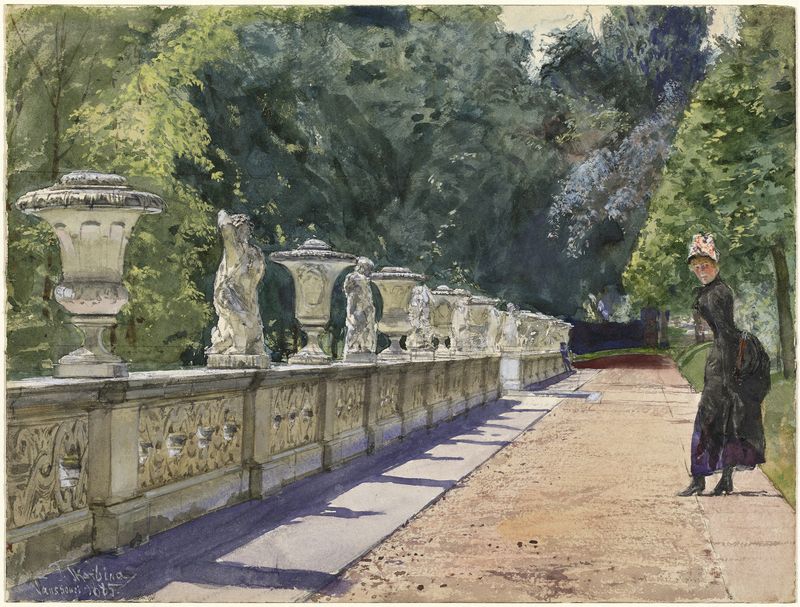 A Promenade in the Park at Sanssouci, oil on canvas by Franz Skarbina, depicting a couple under blossoming trees.