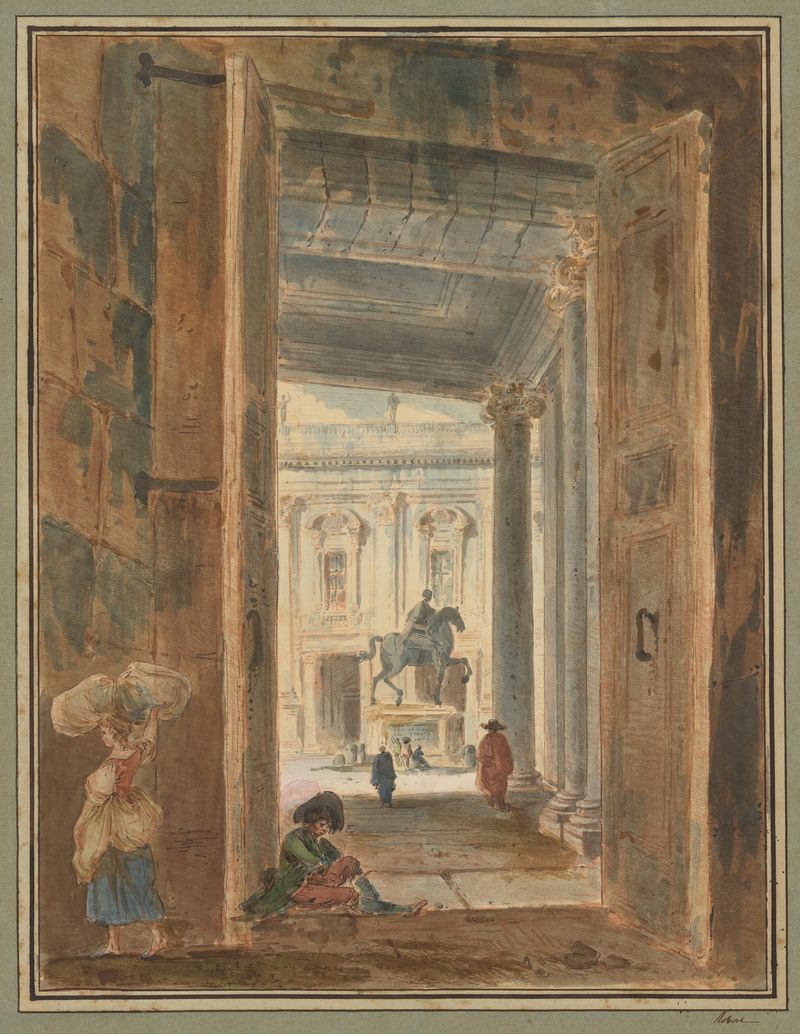View of the Campidoglio with the Statue of Marcus Aurelius, oil painting by Hubert Robert