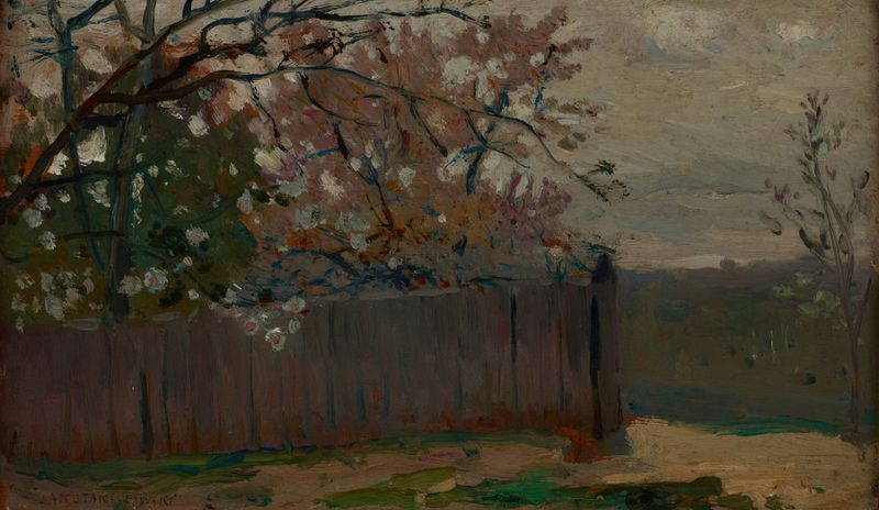 Early Spring at Ville d'Avray de Jan Stanisławski, pintura a óleo que retrata uma paisagem tranquila com árvores.
