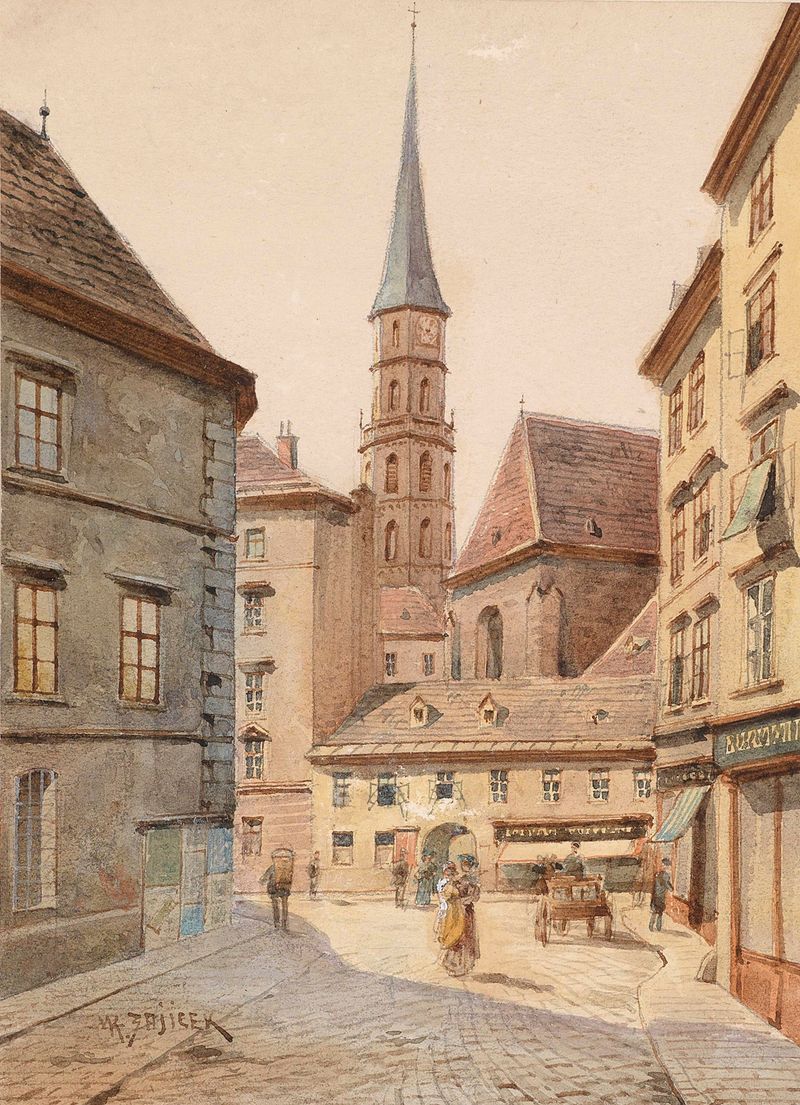 Blick von der Stallburggasse zur Michaelerkirche, oil on canvas by Karl Wenzel Zajicek