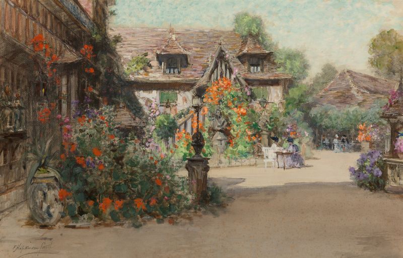 Interior scene with dim light and wooden tables, oil painting by Francis Hopkinson Smith