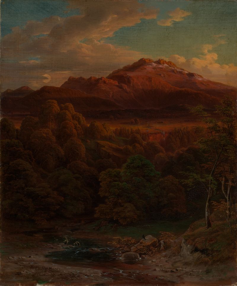 Pintura de paisagem a óleo de Daniel Fohr com prados verdes e a montanha Kampenwand.