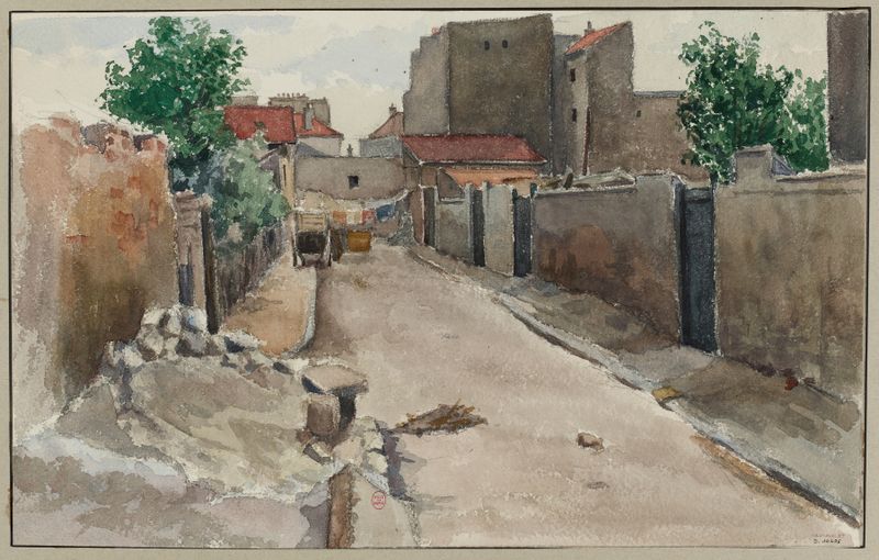 Landscape of La rue de Chambéry by F. Séguin, depicting a street with cobblestones and rain.