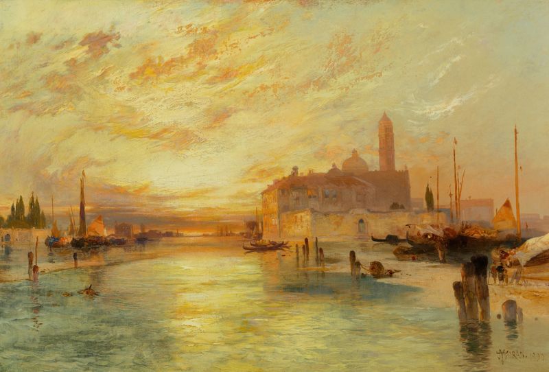 Cena marinha com reflexos na água no estilo impressionista de Thomas Moran