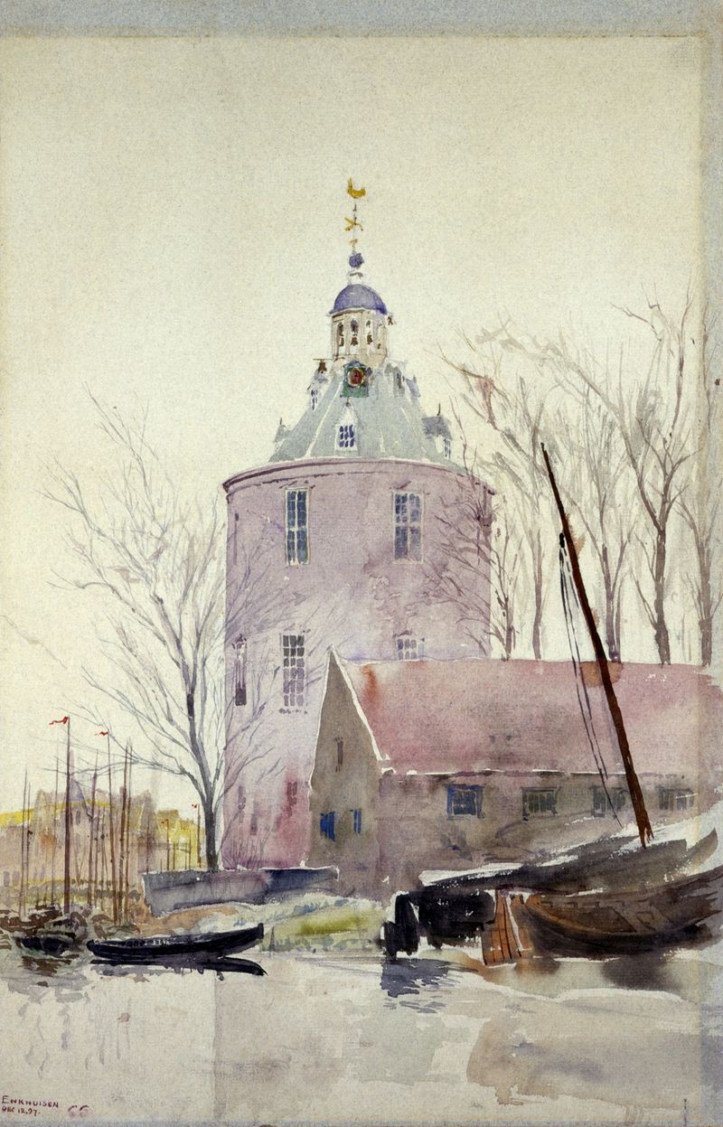 Torre en Enkhuisen, Holanda de Cass Gilbert, pintura al óleo que muestra una torre contra un cielo nublado.