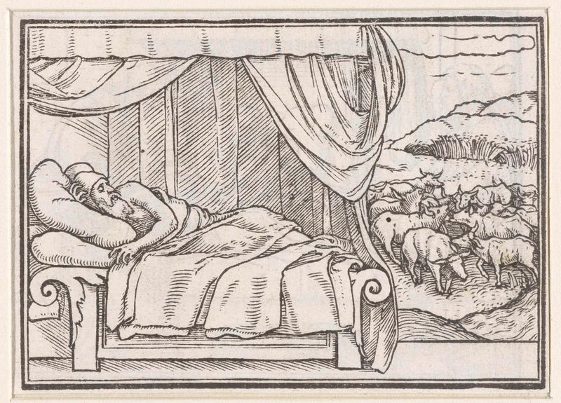 Droom van Farao de Hans Holbein II, obra em papel que retrata um faraó em drapeado opulento.