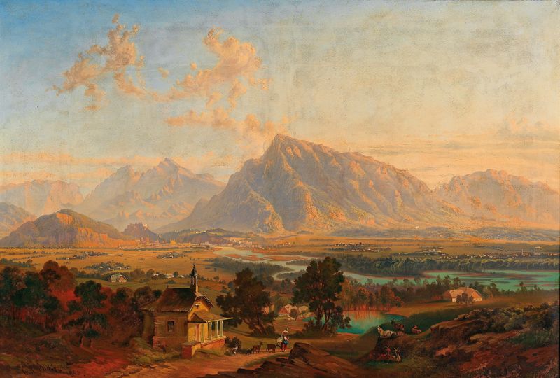 Landscape of Salzburg with hills and Untersberg, oil painting by Emil Theodor Richter
