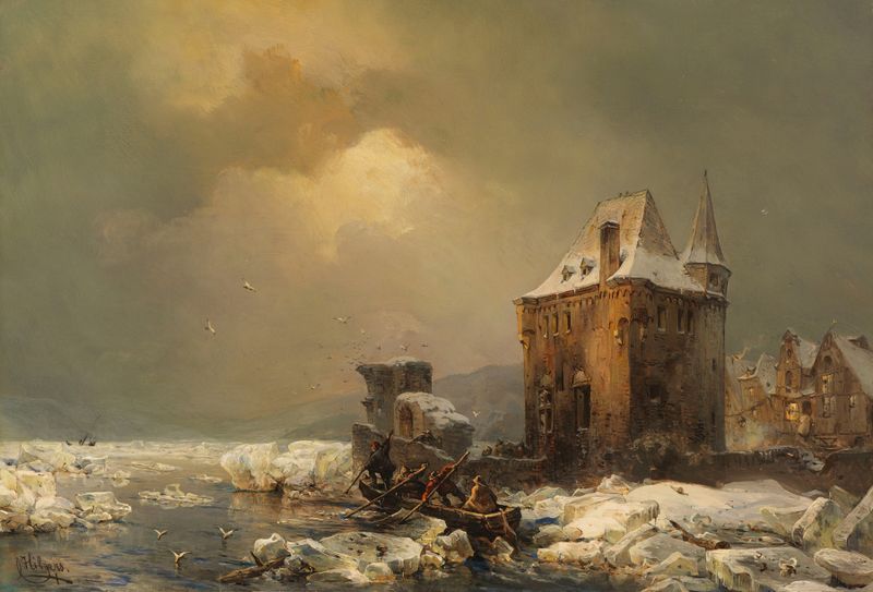 Winter landscape with a solitary figure on ice, oil painting by Carl Hilgers