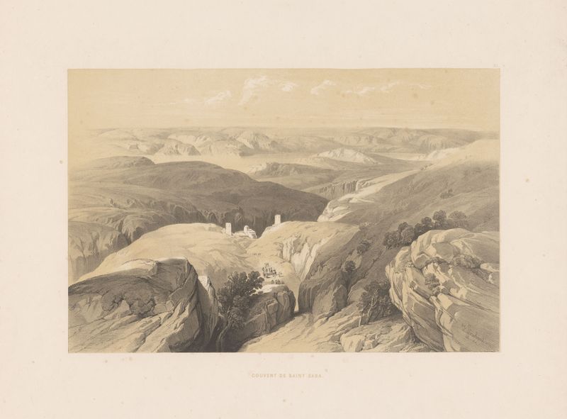 Couvent de Saint Saba de François Stroobant, óleo sobre lienzo que muestra un convento con luz vibrante y naturaleza.