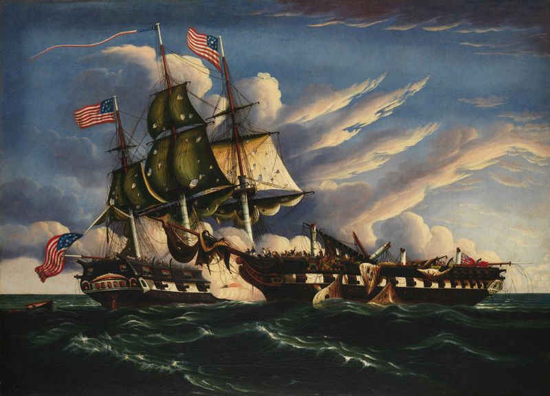 The Constitution and the Guerriere by Thomas Chambers, oil painting depicting a frigate in a stormy sea.