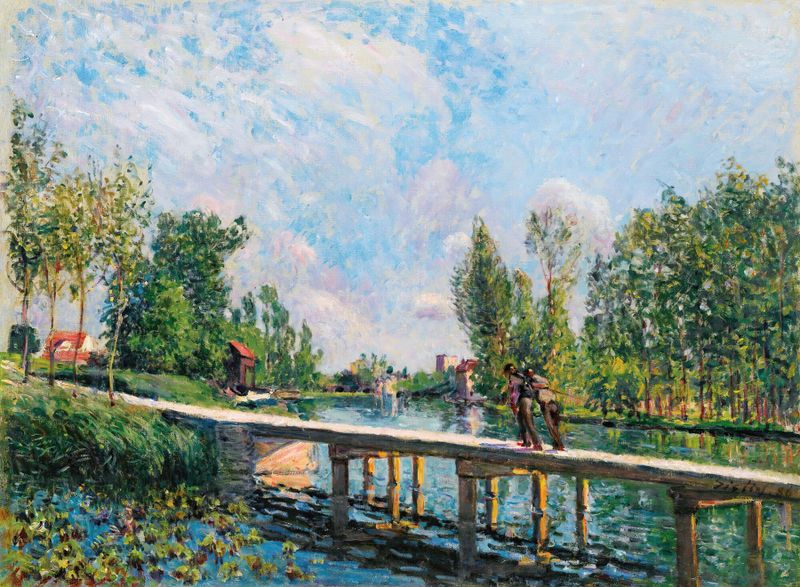 La Passerelle – Chemin De Halage Du Canal Du Loing, pintura a óleo de Alfred Sisley que retrata um canal com uma ponte.