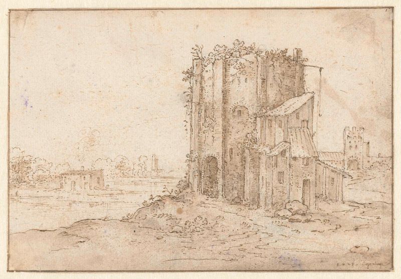 Paisaje con las Ruinas de una Torre Redonda de Marten de Cock, mostrando una torre contra un vasto cielo, óleo