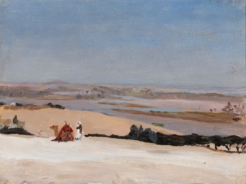 Paisagem com uma pirâmide contra um céu azul de Jan Ciągliński, pintura a óleo