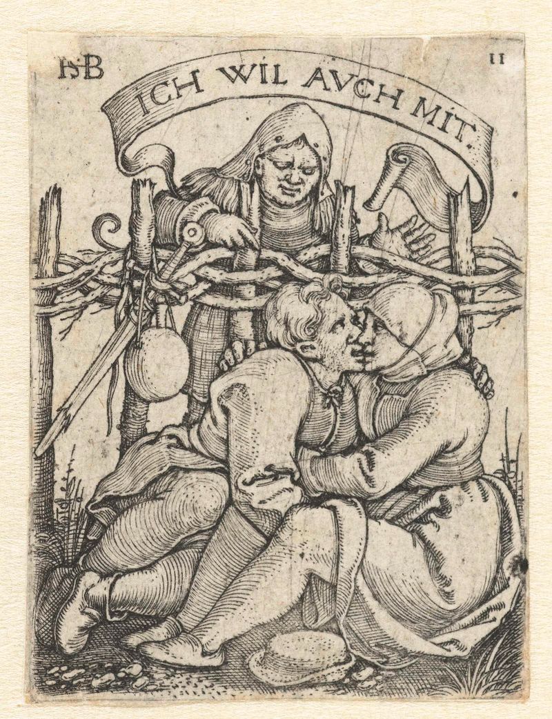 Grabado de Hans Sebald Beham que representa a una pareja en un abrazo íntimo