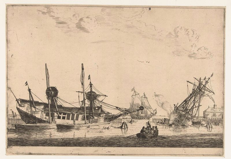 Dos barcos de vela en aguas tranquilas, grabado de Reinier Nooms